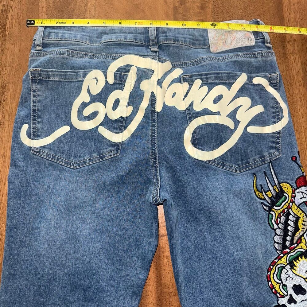Ed Hardy Slim Flare Jeans Vtg Tattoo Skull Graphic New York City Denim Size 30 - Picture 3 of 8